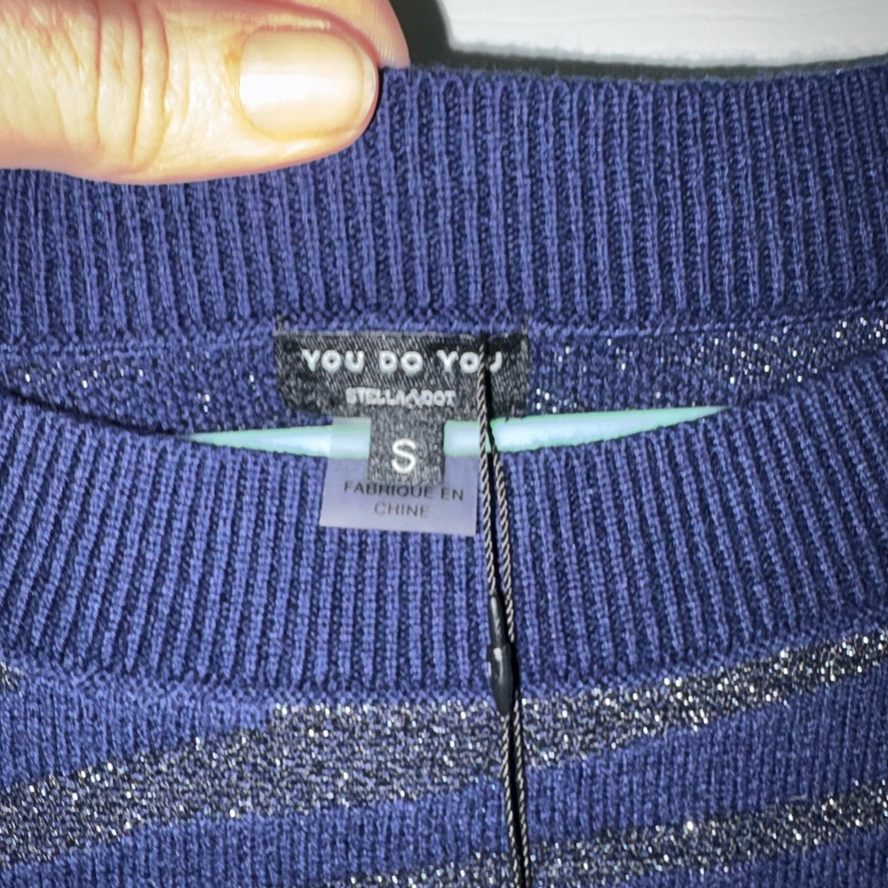 Stella & Dot Navy Crewneck Sweater with Silver Metallic Stripes - Picture 4 of 5